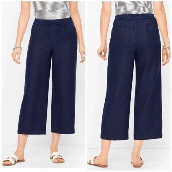Talbots Pants - Talbots Blue Pull-on Drawstring Wide Leg Cropped Linen Pants  Size S  Casual